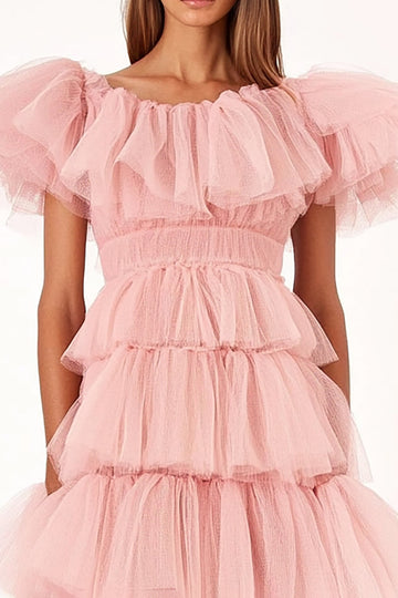 Pink A Line Tulle Tiered Ruffled Long Formal Dress with Short Sleeves